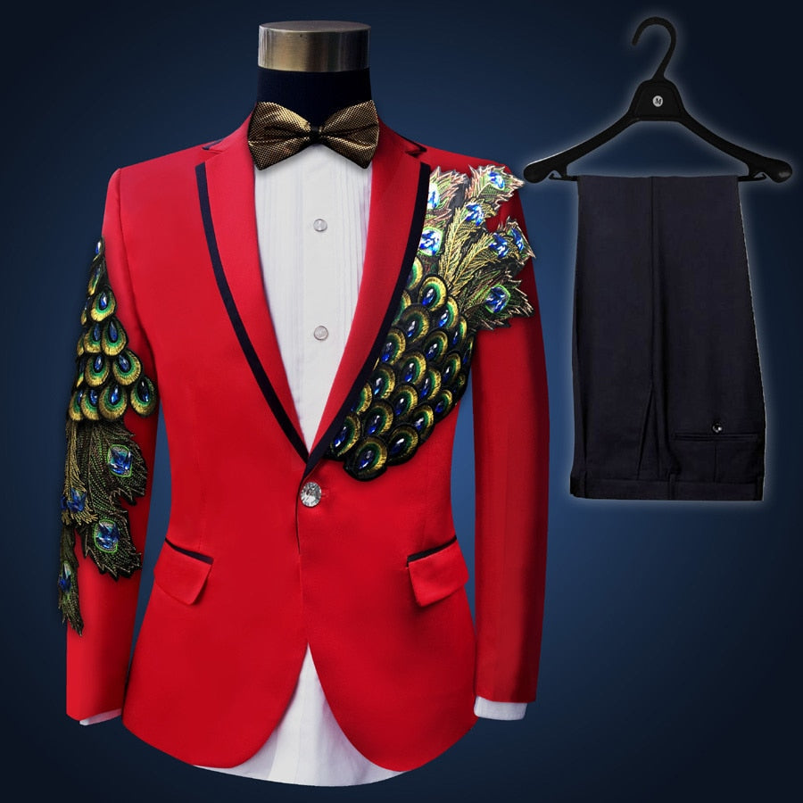 Tuxedo Jacket Pant Beads Mens Stage Tuxedos Wedding Plus Size 4XL Groom Suit  -  GeraldBlack.com