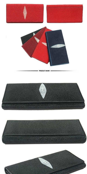 Unisex Authentic Real Stingray Skin Genuine Leather Long Bi Fold Wallet  -  GeraldBlack.com