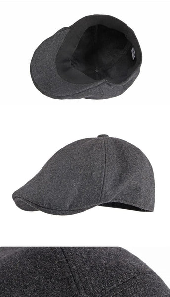 Unisex Autumn Winter Wool Octagonal Beret Hat in Solid Black Grey - SolaceConnect.com
