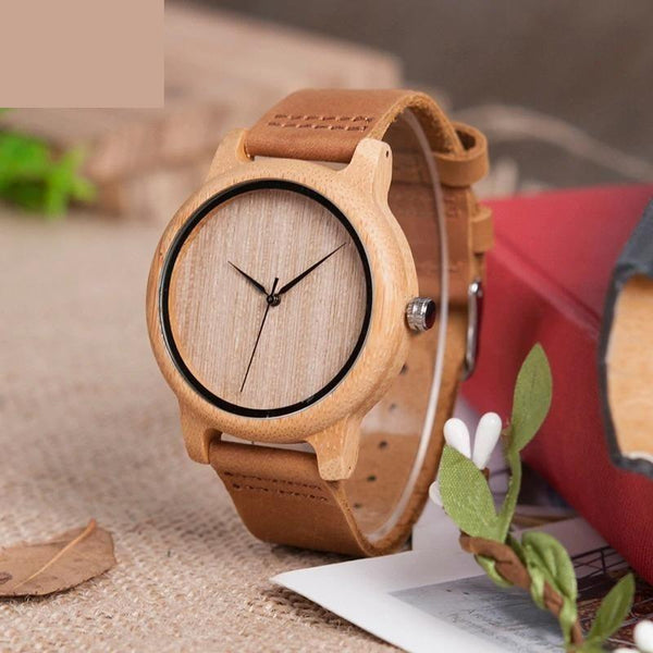 Unisex Bamboo Wooden Quartz Wristwatches with Genuine Leather Band - SolaceConnect.com