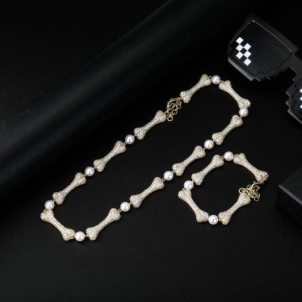 Unisex Bone Pearl Choker Chain with 2inch Tail Charm Hip Hop Necklace  -  GeraldBlack.com