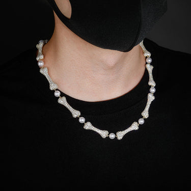 Unisex Bone Pearl Choker Chain with 2inch Tail Charm Hip Hop Necklace  -  GeraldBlack.com