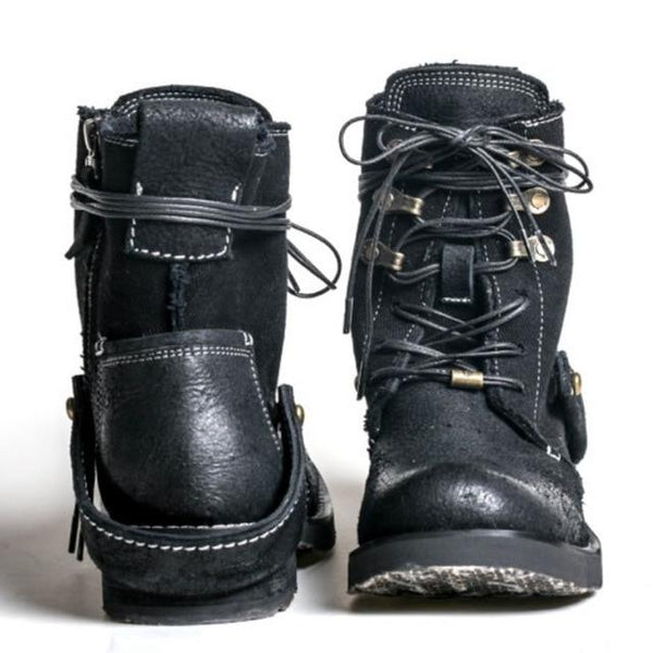Unisex Canvas Patchwork Genuine Cowhide Leather Lace Up Ankle Boots - SolaceConnect.com