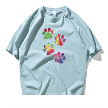 Unisex Casual Cotton Colorful Dog Footprints Short Sleeve T-shirts  -  GeraldBlack.com
