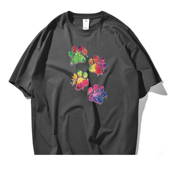Unisex Casual Cotton Colorful Dog Footprints Short Sleeve T-shirts  -  GeraldBlack.com