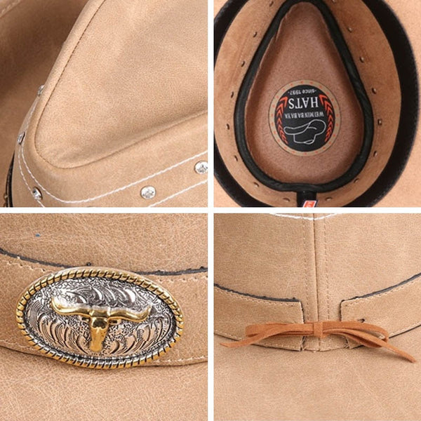 Unisex Crystal Western Vintage Retro Style Leather Cappello Cowboy Hat  -  GeraldBlack.com