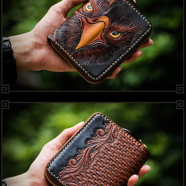 Unisex Eagle Printed Genuine Leather Card Holder Short Zipper Wallet  -  GeraldBlack.com