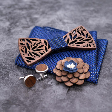 Unisex Fashion Plaid Paisley Floral Wooden Bowties Handkerchief Set - SolaceConnect.com