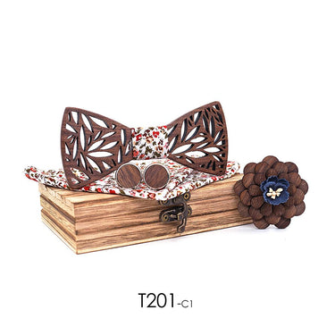 Unisex Fashion Plaid Paisley Floral Wooden Bowties Handkerchief Set - SolaceConnect.com