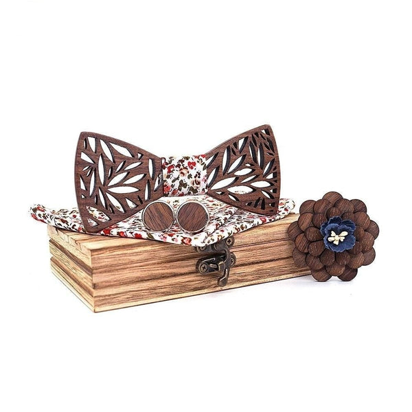 Unisex Fashion Plaid Paisley Floral Wooden Bowties Handkerchief Set  -  GeraldBlack.com