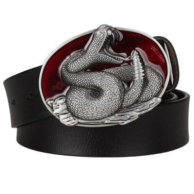 Unisex Genuine Leather Rattlesnake Pattern King Cobra Metal Buckle Belt - SolaceConnect.com