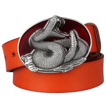 Unisex Genuine Leather Rattlesnake Pattern King Cobra Metal Buckle Belt - SolaceConnect.com