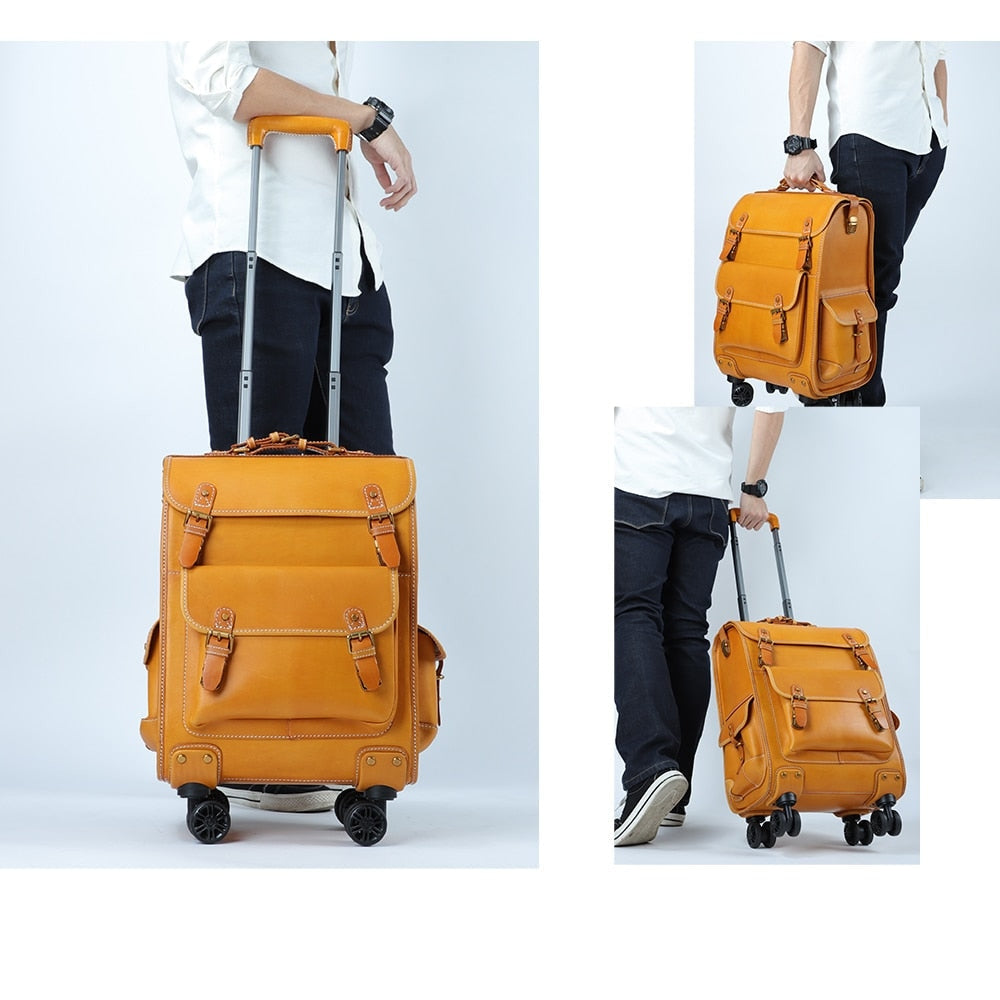 Unisex Genuine Leather Spinner Rolling Luggage Boarding Box Suitcase  -  GeraldBlack.com