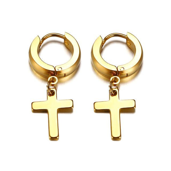 Unisex Gold Color Stainless Steel Religious Cross Stud Earrings Jewelry - SolaceConnect.com