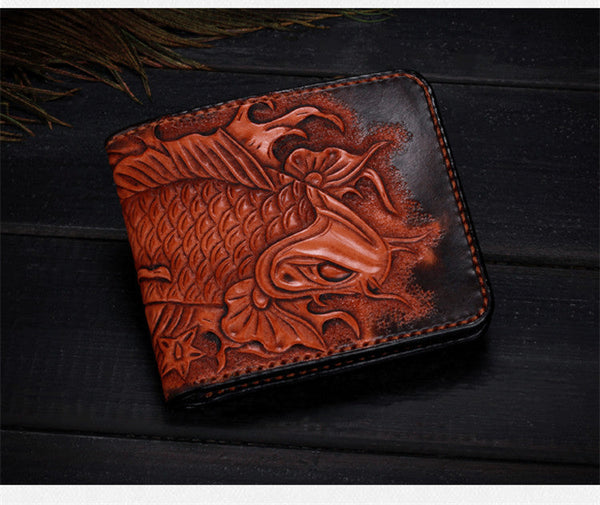 Unisex Hand Engraving Vegetable Tanned Leather Carved Carp Wallets  -  GeraldBlack.com