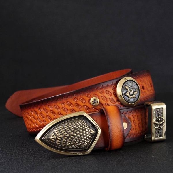 Unisex Handmade Copper Feather Scale Shield Genuine Leather Strap Belts  -  GeraldBlack.com