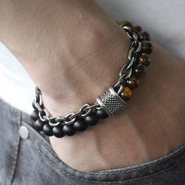 Unisex Jewelry Stainless Steel Natural Map Stone Beaded Bracelet - SolaceConnect.com