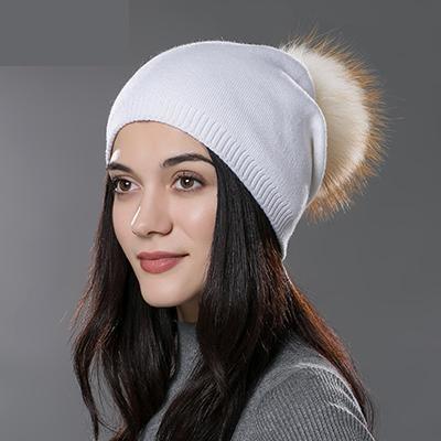 Unisex Knitted Wool Casual Cap with Real Raccoon Fox Fur Pompom - SolaceConnect.com