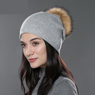 Unisex Knitted Wool Casual Cap with Real Raccoon Fox Fur Pompom - SolaceConnect.com