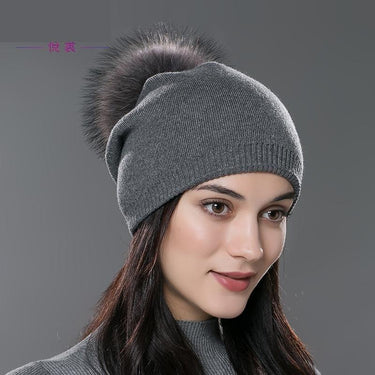 Unisex Knitted Wool Casual Cap with Real Raccoon Fox Fur Pompom  -  GeraldBlack.com