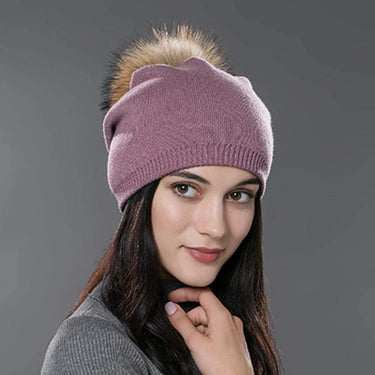 Unisex Knitted Wool Casual Cap with Real Raccoon Fox Fur Pompom  -  GeraldBlack.com
