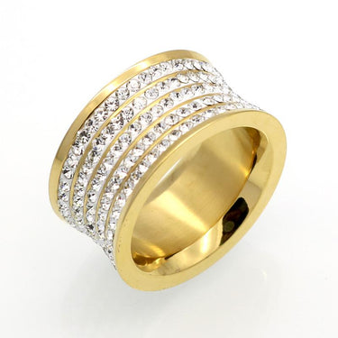 Unisex Luxury Fashion 5 Row Crystal Gold Color Stainless 11mm Wide Rings  -  GeraldBlack.com