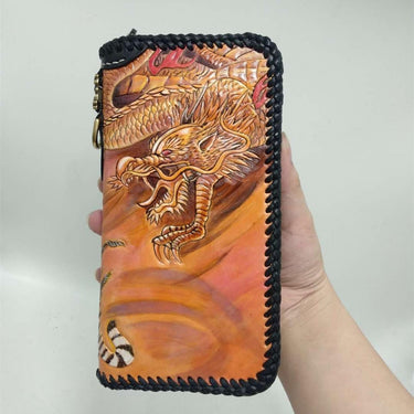 Unisex Master Works Genuine Leather Carving Dragon Tiger Clutch Wallets  -  GeraldBlack.com