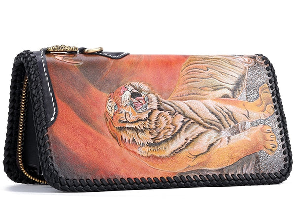 Unisex Master Works Genuine Leather Carving Dragon Tiger Clutch Wallets  -  GeraldBlack.com