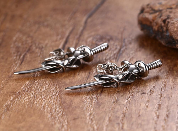 Unisex Never Fade Silver Stainless Japanese Samurai Sword Stud Earrings - SolaceConnect.com
