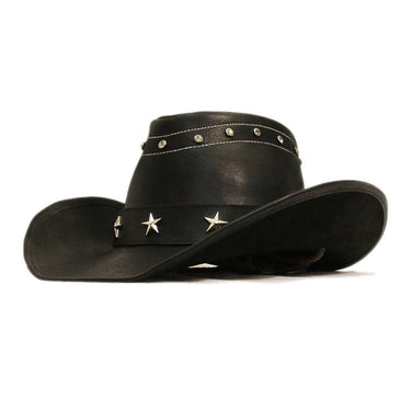 Unisex  Retro Black Five Pointed Star Leather Roll Up Wide Brim Cowboy Cowgirl Western Hat 58-60cm  -  GeraldBlack.com