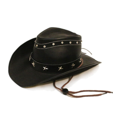 Unisex  Retro Black Five Pointed Star Leather Roll Up Wide Brim Cowboy Cowgirl Western Hat 58-60cm  -  GeraldBlack.com