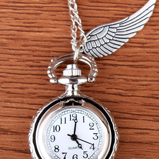 Unisex Silver Mini Carving Wings Necklace Chain Pendant Pocket FOB Watch  -  GeraldBlack.com