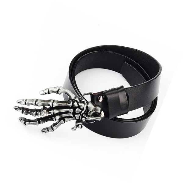 Unisex Skull Hand Buckle Inlay Diamond Cowskin Leather Belt Fashion Hip Hop Style Perform Accessories  -  GeraldBlack.com