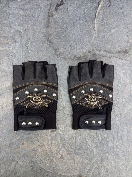 Unisex Skulls Rivet Synthetic Leather Half Finger Fingerless Gym Gloves - SolaceConnect.com