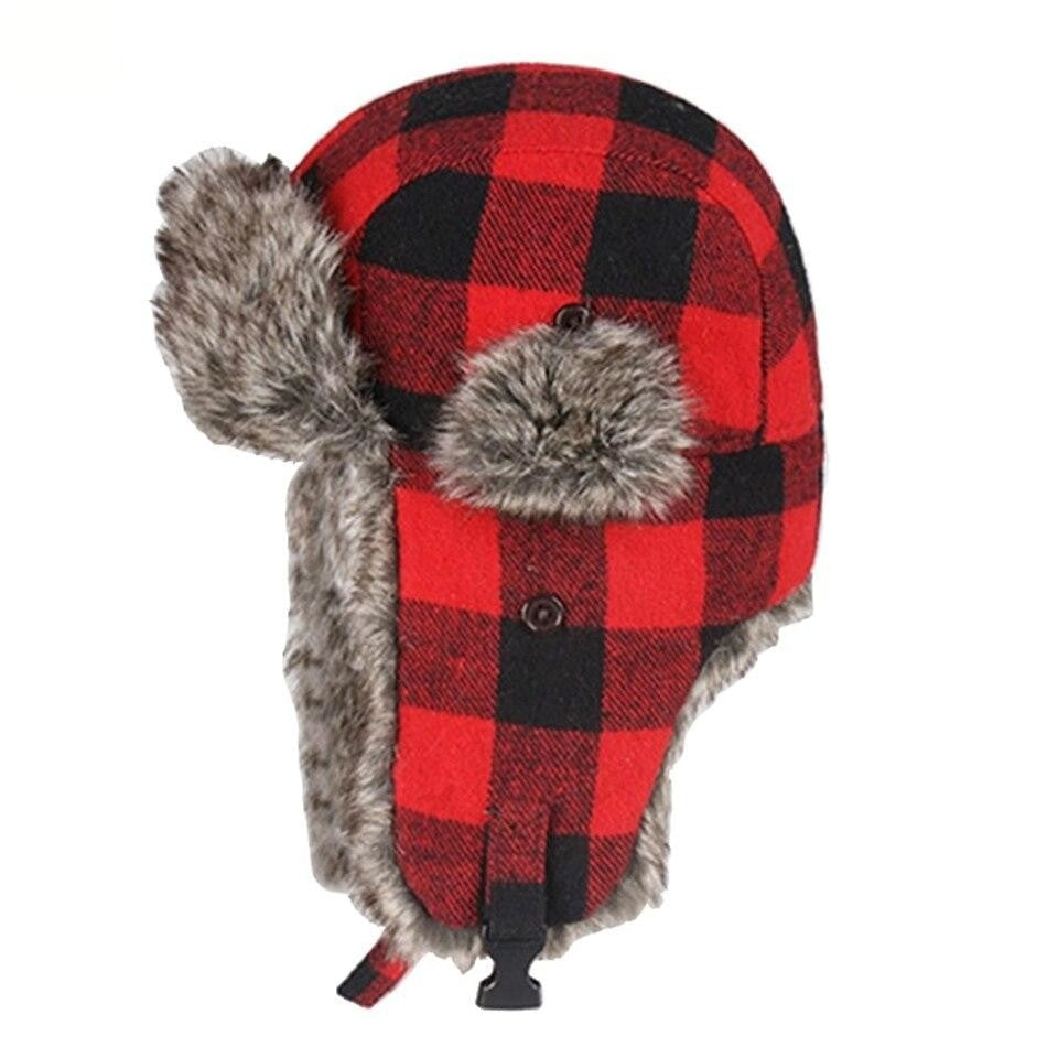 Unisex Thick Red Plaid Windproof Fur Bomber Hats with Earflaps  -  GeraldBlack.com