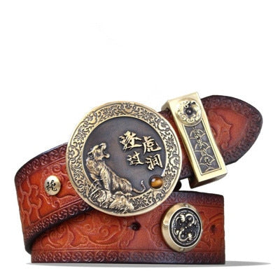 Unisex Unique Vintage Tiger Chinese Brass Genuine Leather Strap Belts  -  GeraldBlack.com