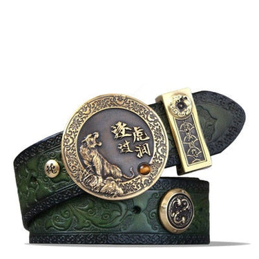 Unisex Unique Vintage Tiger Chinese Brass Genuine Leather Strap Belts  -  GeraldBlack.com