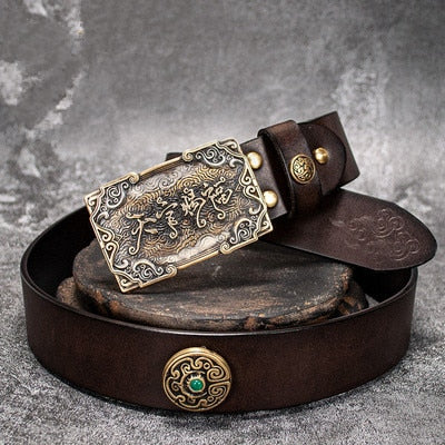 Unisex Vintage Chinese Style Brass Cowhide Genuine Leather Strap Belts  -  GeraldBlack.com