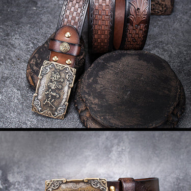 Unisex Vintage Chinese Style Brass Cowhide Genuine Leather Strap Belts  -  GeraldBlack.com