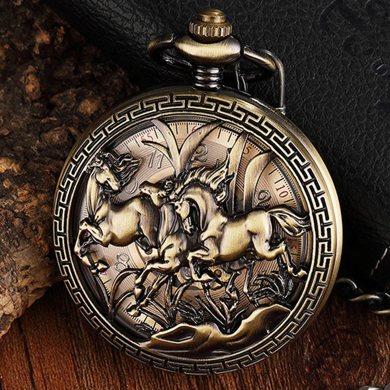 Unisex Vintage Engraved Horse Skeleton Mechanical Pocket Fob Chain Watch  -  GeraldBlack.com