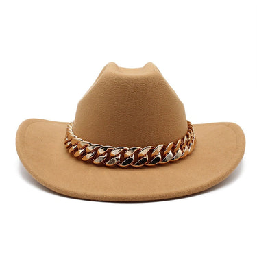 Unisex Vintage Western Cowboy Hat With Thick Gold Chain Band Curved Eaves Cowgirl Jazz Cap Felt Hats  -  GeraldBlack.com