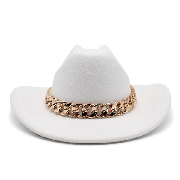 Unisex Vintage Western Cowboy Hat With Thick Gold Chain Band Curved Eaves Cowgirl Jazz Cap Felt Hats  -  GeraldBlack.com