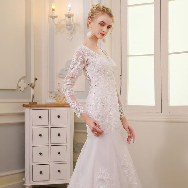 V-Neck Backless Long Sleeve Mermaid Wedding Dress with Appliques - SolaceConnect.com