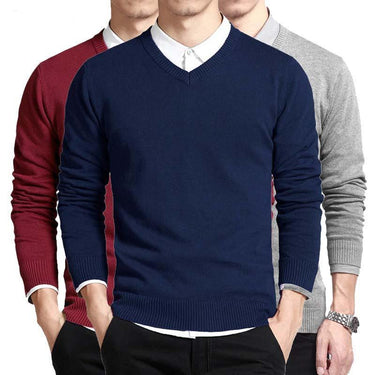 V-Neck Long Sleeve Loose Fit Solid Color Cotton Men's Pullover and Sweater  -  GeraldBlack.com