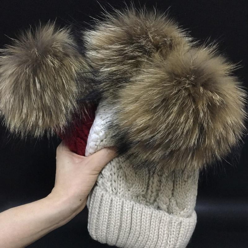 Velvet and Fleece Beanie Raccoon Fur Winter Pompom Hats for Women  -  GeraldBlack.com