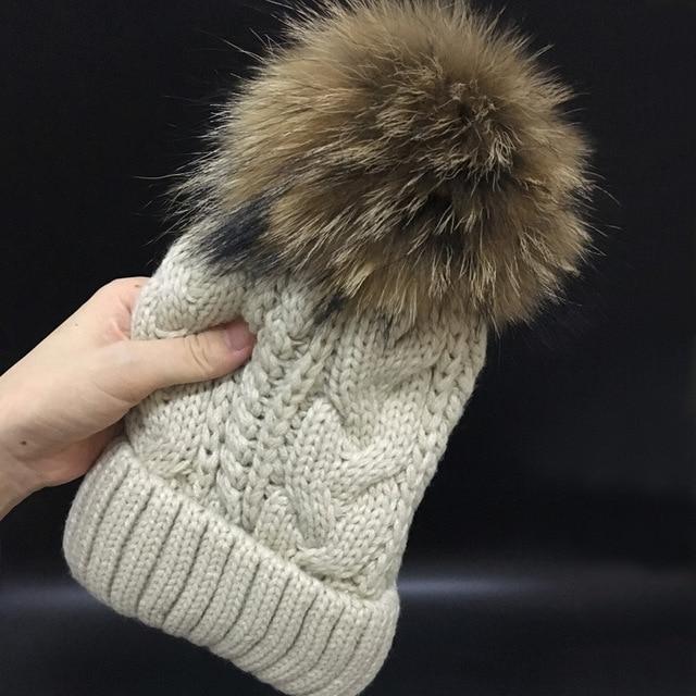 Velvet and Fleece Beanie Raccoon Fur Winter Pompom Hats for Women - SolaceConnect.com
