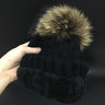Velvet and Fleece Beanie Raccoon Fur Winter Pompom Hats for Women - SolaceConnect.com