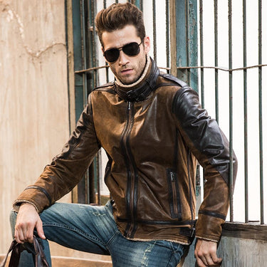 Vintage Casual Genuine Pigskin Double Face Fur Leather Jacket for Men - SolaceConnect.com