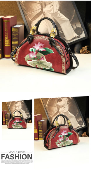 Vintage Cowhide Leather Flower Embroidery Shoulder Messenger Portable Shell Women Handbag  -  GeraldBlack.com