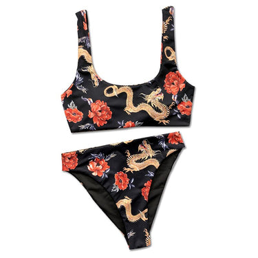 Vintage Dragon Floral Print Bandeau Bikini Set High Waist Women's Swimwear  -  GeraldBlack.com
